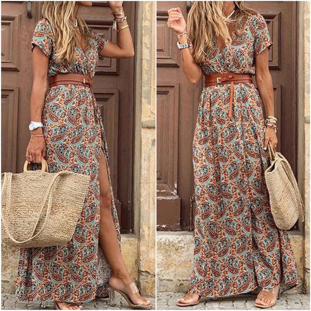 Boho Paisley Print Short Sleeve maxi Dress - Picture 2 of 5